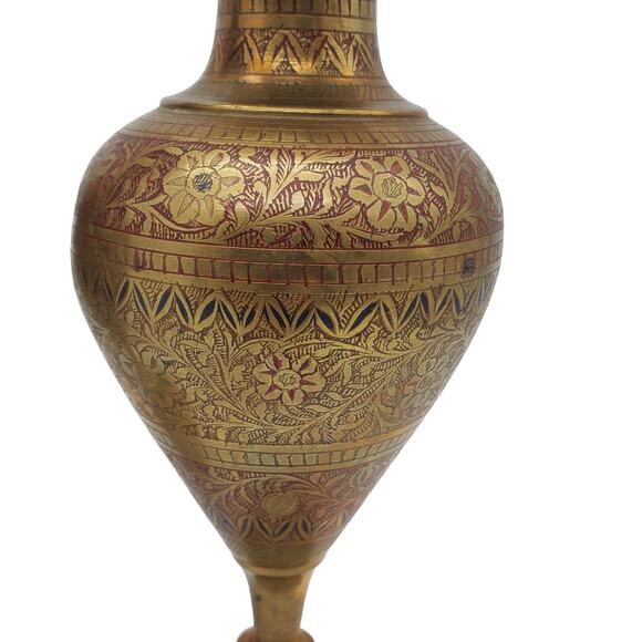 Solid Brass Etched Vase Enamel Red Black Floral Vintage MCM Ruffled Rustic Decor - Picture 4 of 11